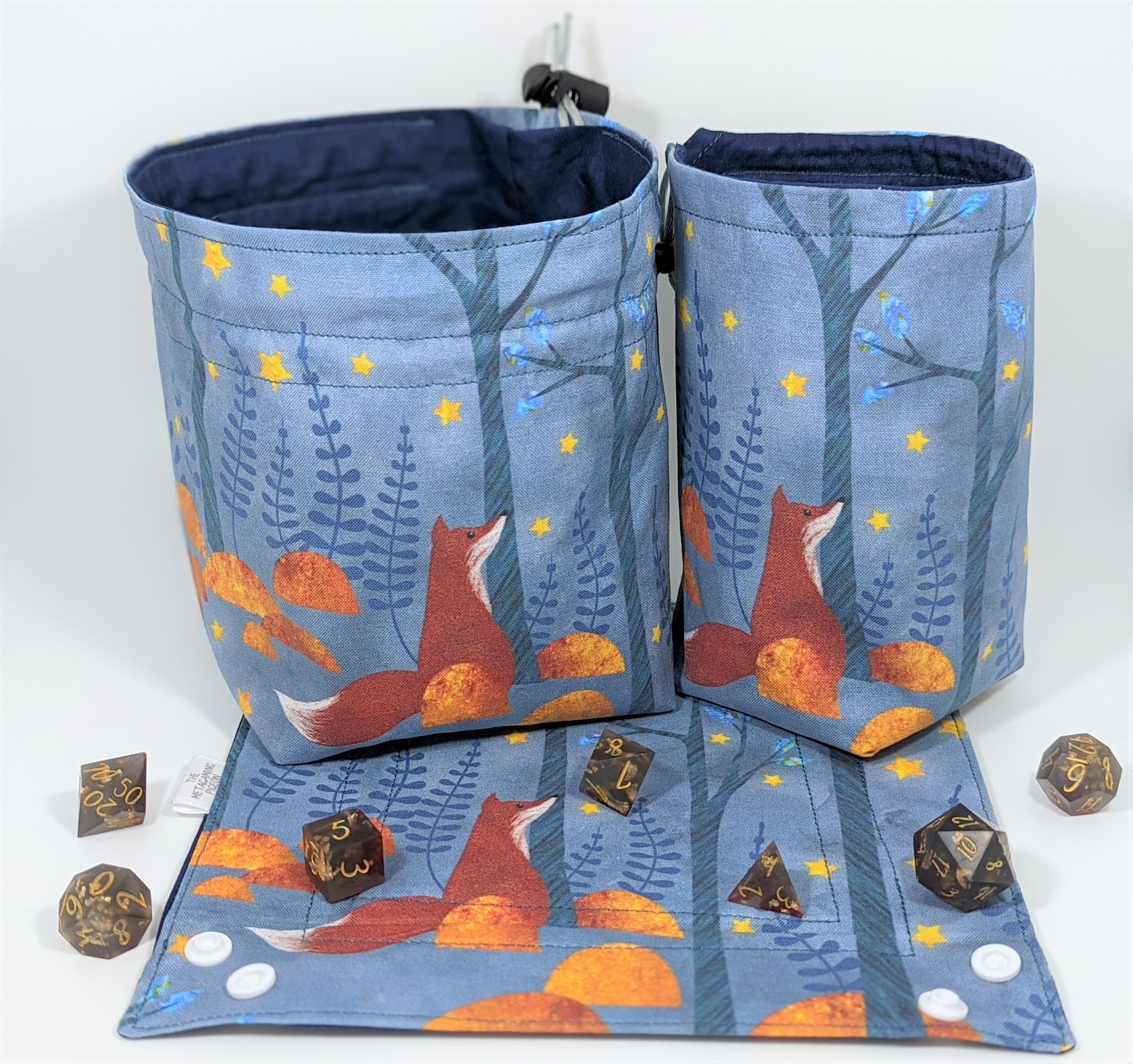 Contemplative Fox Collection / Woodland and Moon DnD Accessory / Premium Fabric Dice Bag, Large Dice Bag, Dice Tray / Dungeons and Dragons