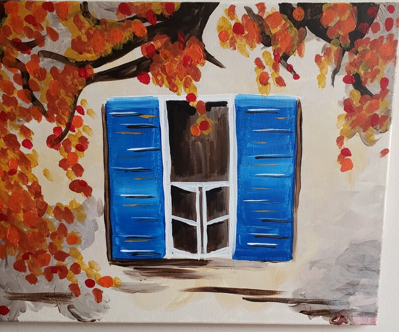 May include: A painting of a window with blue shutters and a white frame. The window is partially obscured by a tree with orange and red leaves.