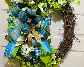 Turquoise butterfly summer front door wreath, summer front porch decor, Buffalo check, leopard print