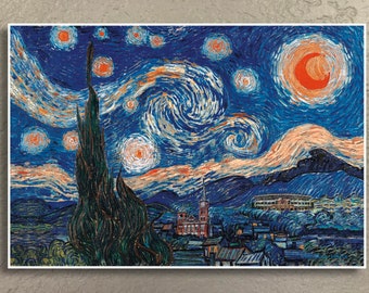 May include: A painting of a starry night sky with a large, bright moon in the upper right corner. The sky is a deep blue with swirling clouds and stars. There is a small town in the foreground with a tall, dark tree in the center.