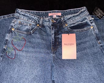Juicy Couture Y2K Strawberry Rhinestone Accent Juicy Logo Wide Leg Jeans 26 New