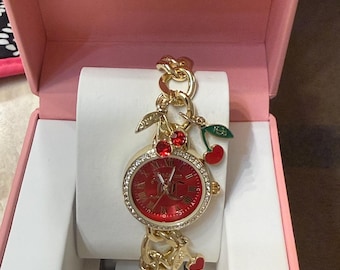Juicy Couture Cherry Charm Bracelet Watch Red Dial Gold Tone Y2K Glam New
