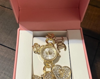 Juicy Couture Gold Charm Bracelet Watch Pave Crystal Heart Bow JC New