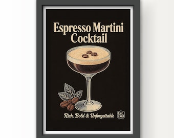 Vintage Style Espresso Martini Cocktail Art Print and Greetings Card