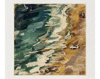 Beach Scene Vintage Oil Painting Fine Art Print & Greetings Card