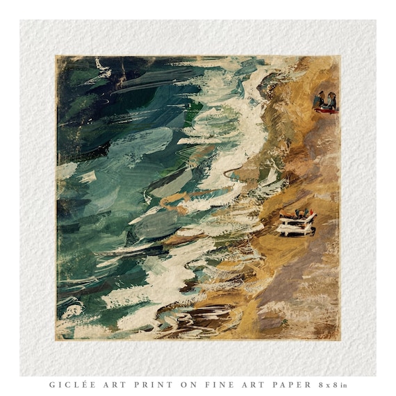 Beach Scene Vintage Oil Painting Fine Art Print & Greetings Card