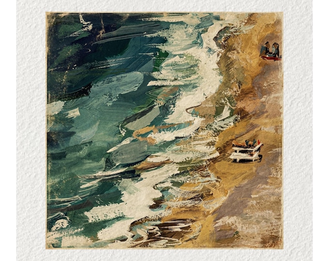 Beach Scene Vintage Oil Painting Fine Art Print & Greetings Card