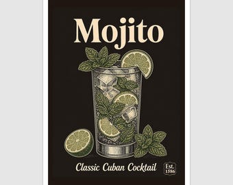 Vintage Style Mojito Cocktail Art Print and Greetings Card