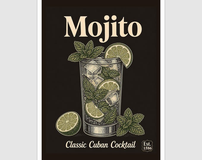 Vintage Style Mojito Cocktail Art Print and Greetings Card