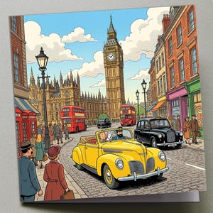 May include: A colorful illustration of a London street scene featuring Big Ben, red double-decker buses, and a yellow convertible car. People are walking on the sidewalks. The sky is blue with white clouds.