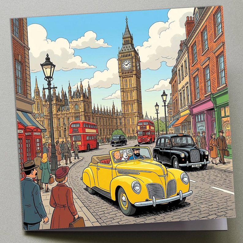 May include: A colorful illustration of a London street scene featuring Big Ben, red double-decker buses, and a yellow convertible car. People are walking on the sidewalks. The sky is blue with white clouds.