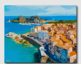 Corfu Old Town Original Oil Painting Digital Canvas Wall Art