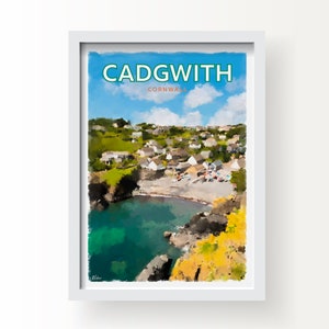 Stampa artistica, biglietto d'auguri e cartolina del villaggio di pescatori di Cadgwith Cornovaglia