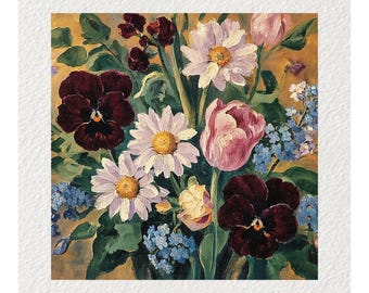 Vintage Flowers Oil Painting Fine Art Print & Greetings Card