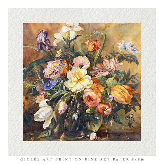 Vintage Flowers Watercolour Painting Fine Art Print & Greetings Card