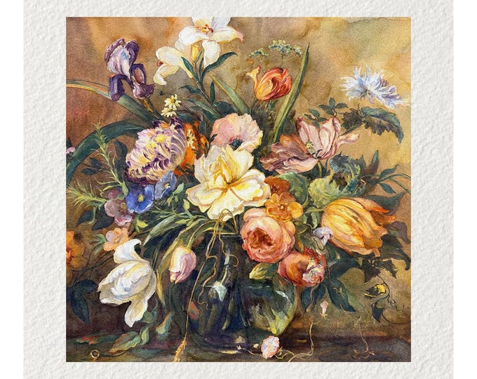 Vintage Flowers Watercolour Painting Fine Art Print & Greetings Card