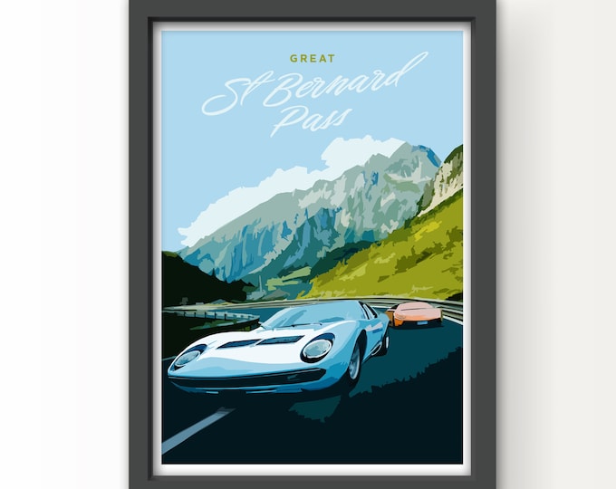 St Bernard Pass Vintage Car Art Print, Lamborghini Miura Countach Poster