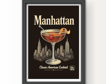 Vintage Style Manhattan Cocktail Art Print and Greetings Card