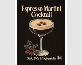 Vintage Style Espresso Martini Cocktail Art Print and Greetings Card