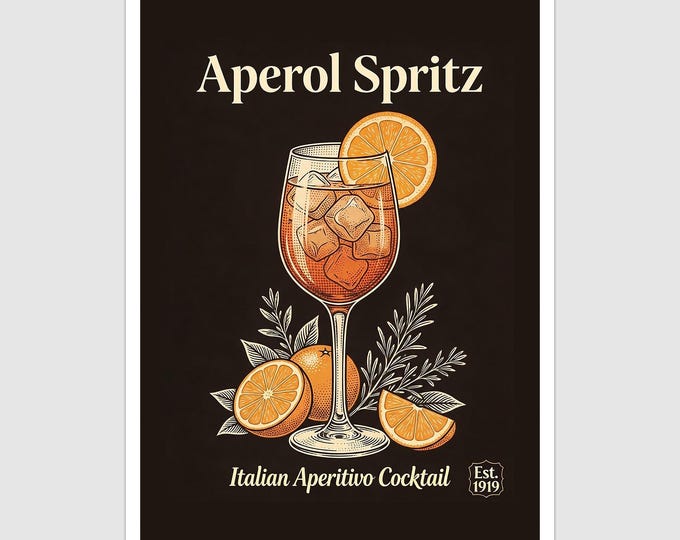 Vintage Style Aperol Spritz Cocktail Art Print and Greetings Card