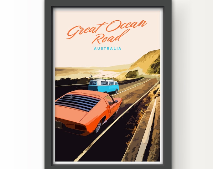 Ocean Road Australia Art Print, Camper Van Lamborghini Road Trip Poster