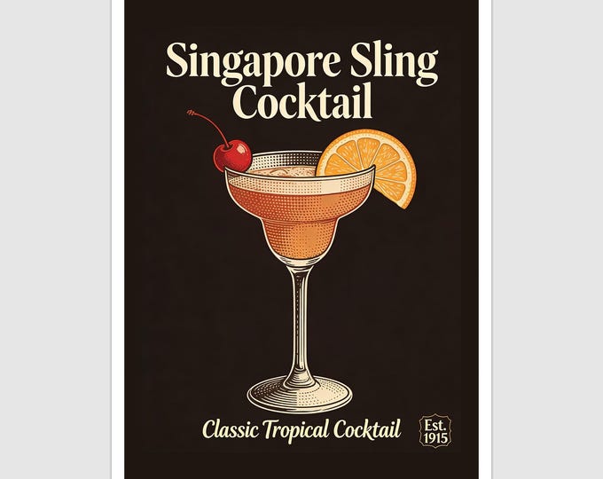 Vintage Style Singapore Sling Cocktail Art Print and Greetings Card