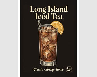 Vintage Style Long Island Iced Tea Cocktail Art Print and Greetings Card