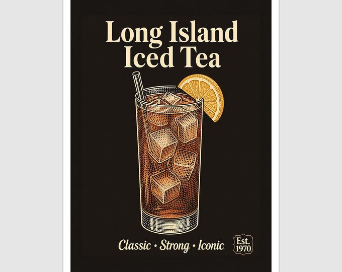 Vintage Style Long Island Iced Tea Cocktail Art Print and Greetings Card