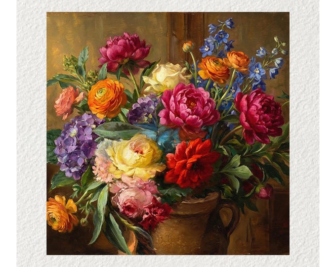 Vintage Flowers Oil Painting Fine Art Print & Greetings Card