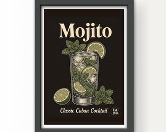 Vintage Style Mojito Cocktail Art Print and Greetings Card