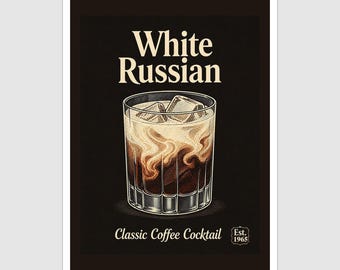Vintage Style White Russian Cocktail Art Print and Greetings Card