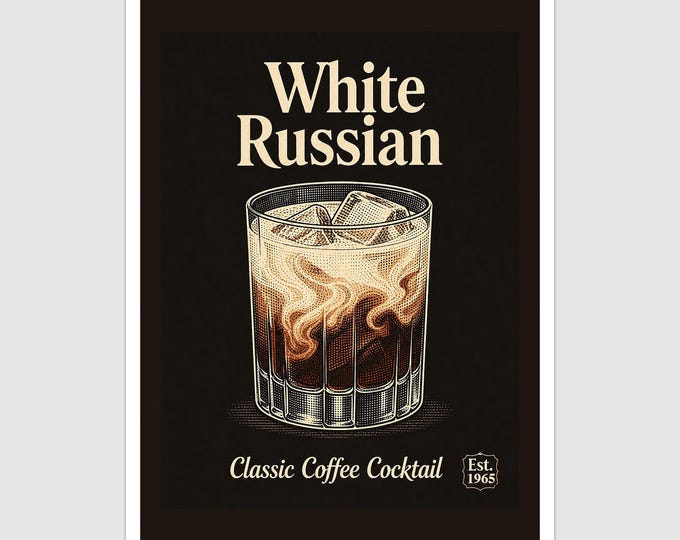 Vintage Style White Russian Cocktail Art Print and Greetings Card