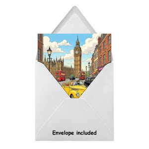 May include: A white envelope containing a colorful illustration of London, featuring Big Ben, red double-decker buses, and a yellow convertible car. The text "Envelope included" is printed at the bottom of the envelope.