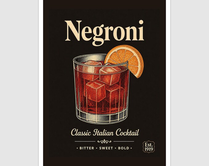 Vintage Style Negroni Cocktail Art Print and Greetings Card