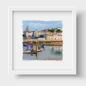 Puede incluir: Una pintura de acuarela de una ciudad portuaria con un puente, barcos y edificios. El cielo es azul y el agua es azul claro. La pintura está firmada "David Roberts 2019" en la esquina inferior derecha.