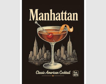 Vintage Style Manhattan Cocktail Art Print and Greetings Card