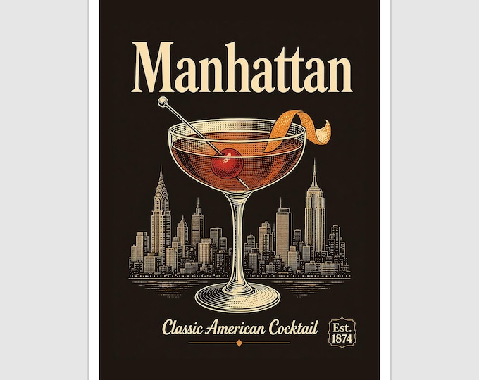 Vintage Style Manhattan Cocktail Art Print and Greetings Card