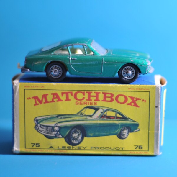 vintage Matchbox Lesney No 75 Ferrari Berlinetta avec roues à rayons 1965 Boîte originale