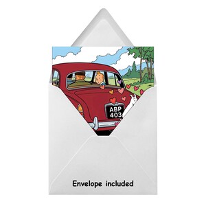 May include: Greeting card featuring a cartoon image of a red car with passengers, surrounded by hearts. The card is inside a white envelope, with the text "Envelope included" at the bottom.