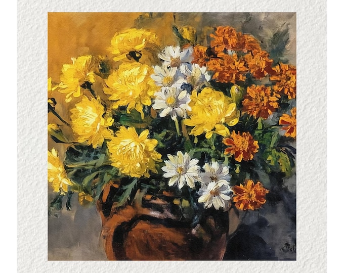 Vintage Flowers Oil Painting Fine Art Print & Greetings Card