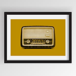 May include: A vintage-style radio with a woodgrain finish and a black dial. The radio is set against a yellow background.