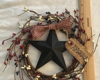 7” Americana pip berry ring 5.5” metal star prim rustic tag farmhouse decor homespun bow USA RWB DLCC