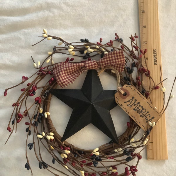 7” Americana pip berry ring 5.5” metal star prim rustic tag farmhouse decor homespun bow USA RWB DLCC