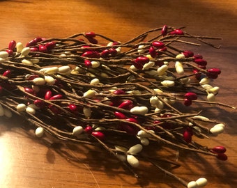 50 Pip berry Strands 25- RED & 25- IVORY 7-9” primitive rustic Americana crafts floral accent