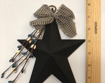 Primitive Black 8” metal prim star with blue/ cream pips and blue checkered homespun bow