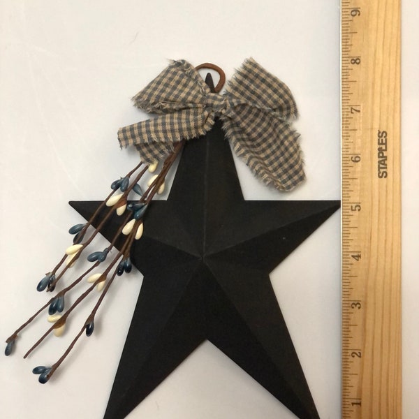 Primitive Black 8” metal prim star with blue/ cream pips and blue checkered homespun bow