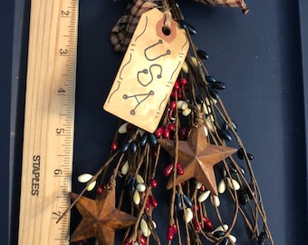 Primitive Patriotic USA- 8” pip berry swag Americana patriotic rustic barn stars prim tag homespun bow