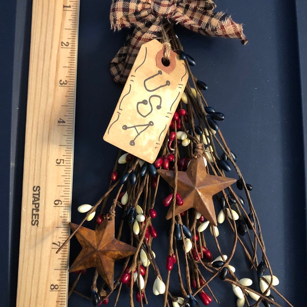 Primitive Patriotic USA- 8” pip berry swag Americana patriotic rustic barn stars prim tag homespun bow