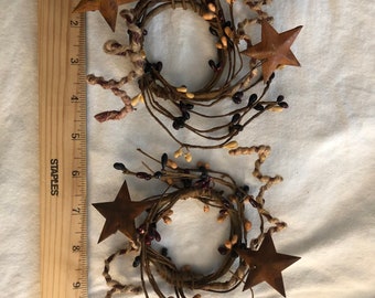 Pair of PRIMITIVE pip berry candle rings w/twine twig rust star 2.5” ctr  prim rustic farmhouse decor Burgundy black tan floral