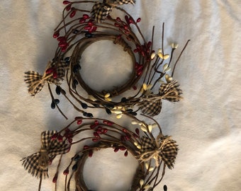 Pair of AMERICANA pip berry candle rings 2.5” ctr homespun bows prim rustic farmhouse decor USA patriotic